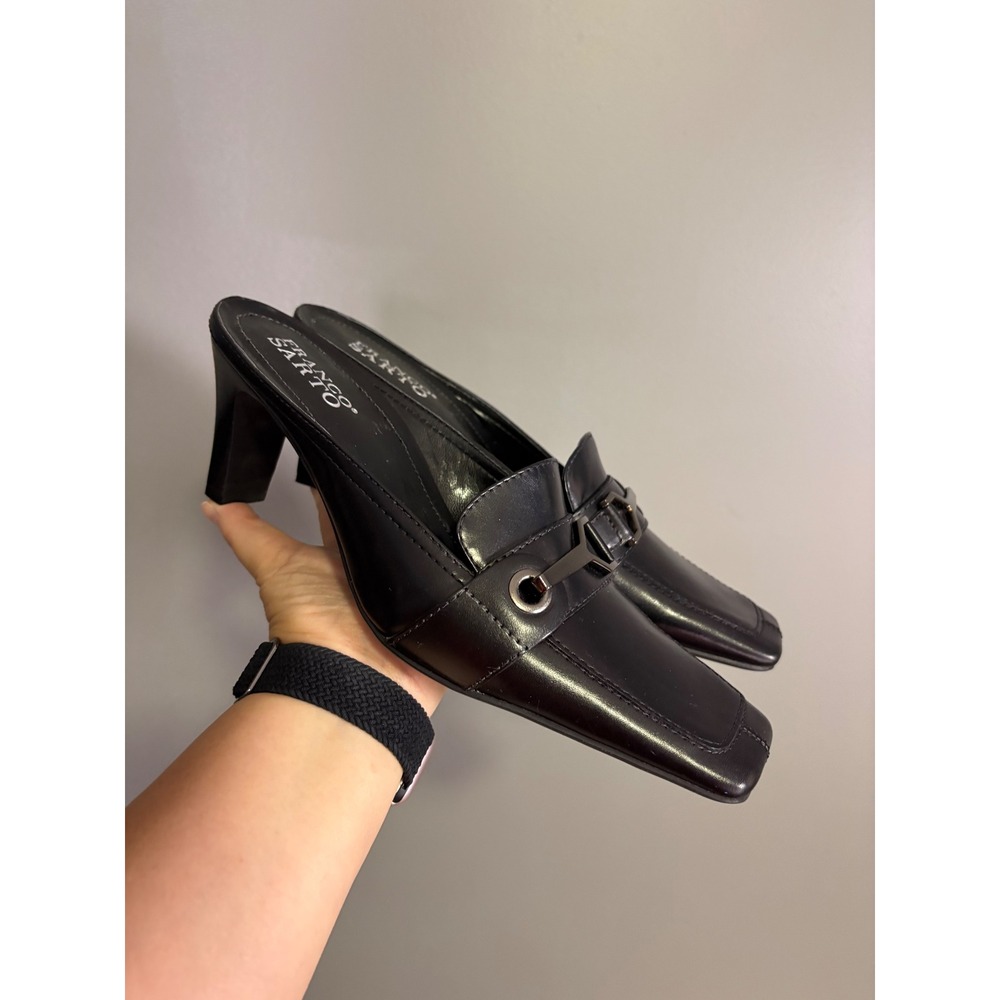 Franco Sarto Kitten Heel Mules 8.5 Black Leather Square Toe Y2K Retro Academia